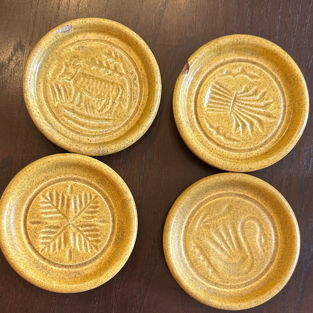 Four Pigeon Forge Pottery Yellow Butter Mold Coasters